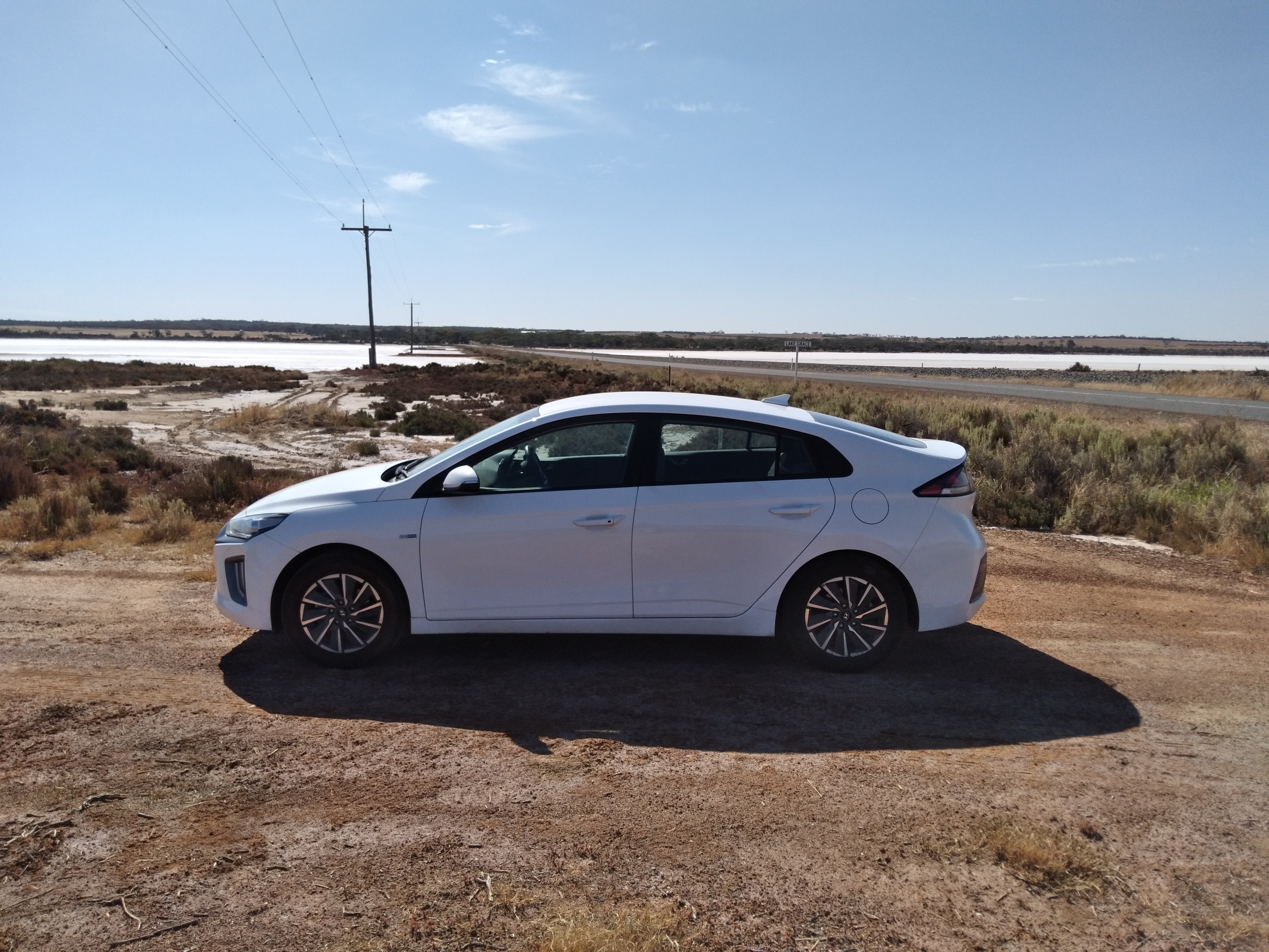 An EV takes in the very West Australian view of Lake Grace
